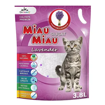 MIAU MIAU, Lavanda, așternut igienic pisici, granule, silicat, neaglomerant, neutralizare mirosu