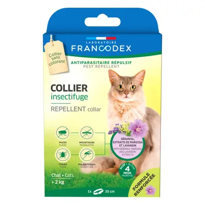 FRANCODEX, deparazitare externă naturală pisici, (2 - 8kg), zgardă repelentă, cm, gri, 1buc