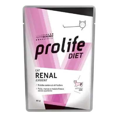 PROLIFE Renal Exigent, Pui, Vită și Porc, dietă veterinară, plic hrană umedă pisici, sistem rena