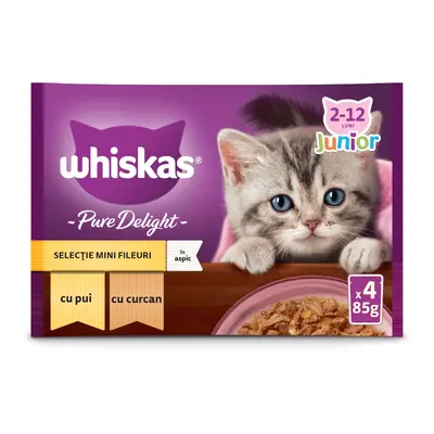 WHISKAS Pure Delight Junior Selectii Pasăre, Pui și Curcan, plic hrană umedă pisici junior, (în 