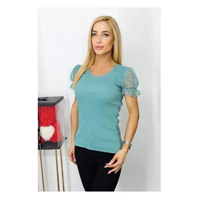 Bluza eleganta Deea, cu maneci scurte, bufante si textura transparenta, Vernil, Marime universal