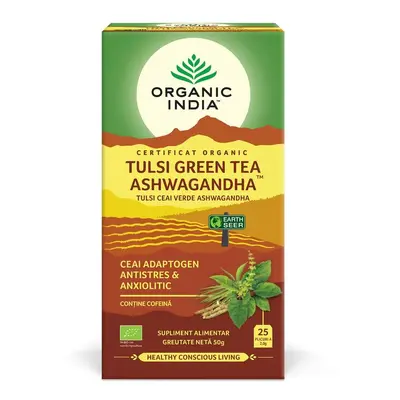 Ceai Tulsi (Busuioc Sfant) Ceai Verde Ashwagandha - Ceai Adaptogen Antistres si Anxiolitic, eco,