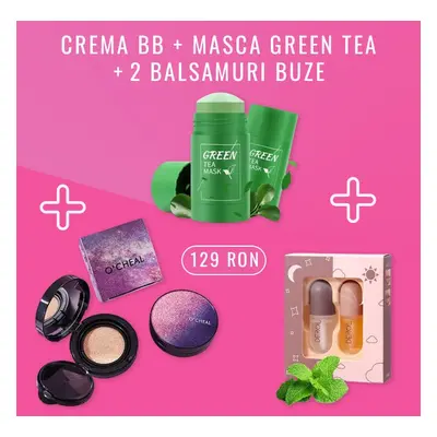 Crema BB Corectoare +  Masca Faciala Green Tea + 2 Balsamuri Buze Extra Volum si Stralucire