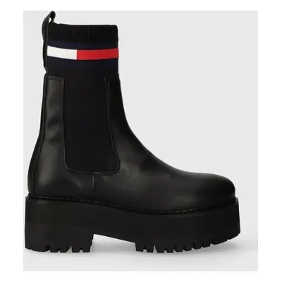 Tommy Jeans ghete chelsea de piele TJW FLATFORM CHELSEA SOCK femei, culoarea negru, cu toc plat,