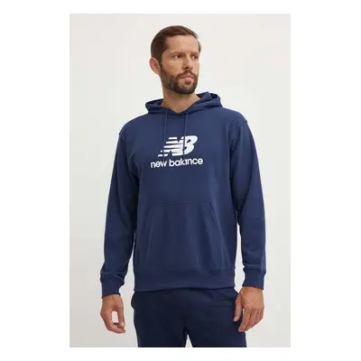 New Balance bluza Sport Essentials barbati, culoarea albastru marin, cu glugă, cu imprimeu, MT41