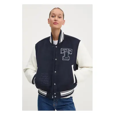 Tommy Jeans jacheta bomber din amestec de lana culoarea albastru marin, de tranzitie, DW0DW18845