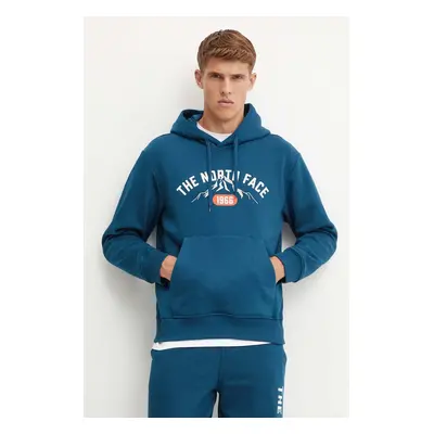 The North Face bluza Hoodie Varsity Graphic barbati, culoarea turcoaz, cu glugă, cu imprimeu, NF