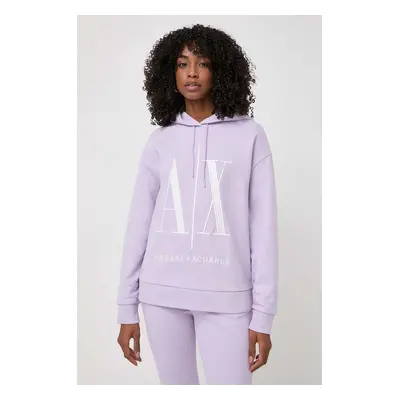 Armani Exchange hanorac de bumbac femei, culoarea violet, cu glugă, cu imprimeu