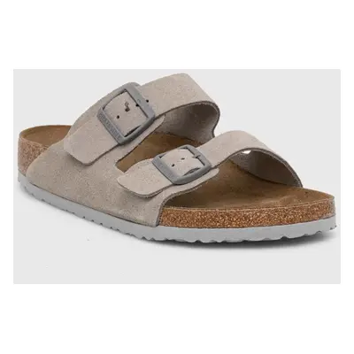 Birkenstock papuci din piele Arizona barbati, culoarea gri, 1027749