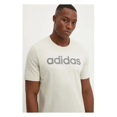 adidas tricou Essentials barbati, culoarea bej, cu imprimeu, IZ4771