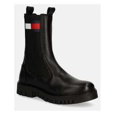 Tommy Jeans ghete chelsea de piele TJW LONG CHELSEA BOOT femei, culoarea negru, cu platforma, EN