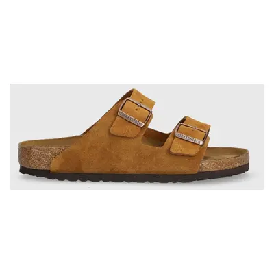 Birkenstock papuci din piele Arizona barbati, culoarea maro, 1027082