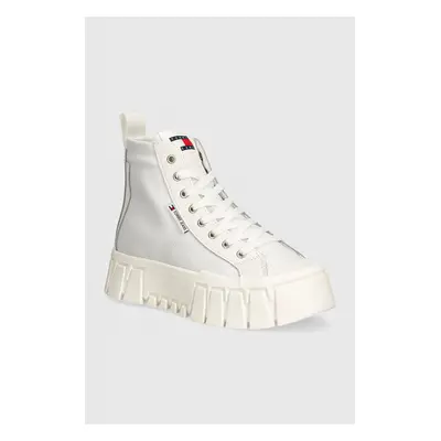 Tommy Jeans tenisi TJW VULC FLATFORM MC MIX MEDIA femei, culoarea alb, EN0EN02570