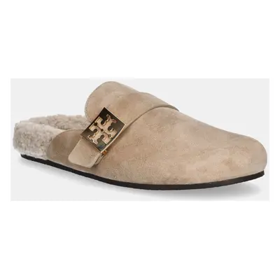 Tory Burch papuci din piele Mellow Shearling Mule femei, culoarea bej, 163612-250