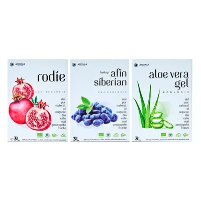 Pachet cu 3 Sucuri 100% Naturale de Rodie, Afin Siberian și Aloe Vera la 3L