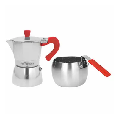 Set cafetiera si fierbator lapte Grancucina, Tognana, aluminiu, argintiu/albastru