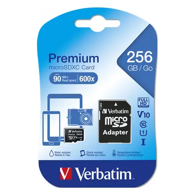 Memory Card microSDXC Verbatim Premium 256GB, Class 10, UHS-I U1, V10 + Adaptor SD