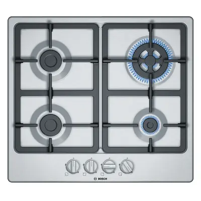 Plita pe gaz Bosch, inox, arzatoare, cm, gratare fonta, comenzi frontale, arzator WOK, butoane t