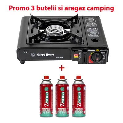 Pachet promo - Aragaz camping, aprindere automata, negru, AD-1 + 3 butelii 410ml / SET 30059 Eng