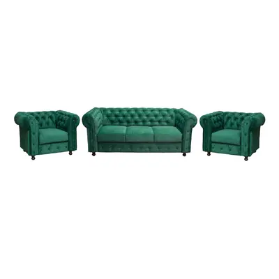 Set CHESTERFIELD 3-1-1, canapea extensibila 3 locuri si 2 fotolii fixe, verde