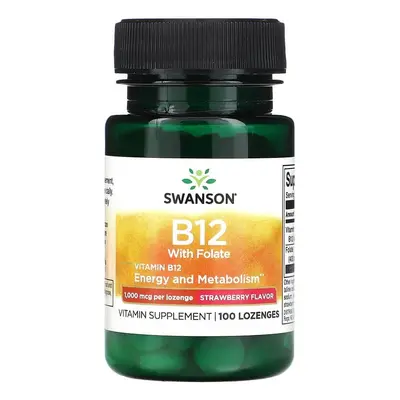 Vitamin B12 + Folate, 1.000mcg, 100 pastile, Aroma Capsuni, Swanson