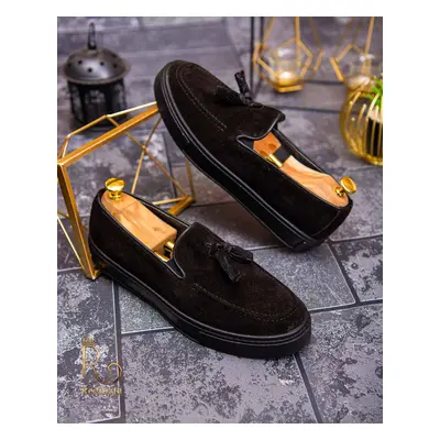 Mocasini casual de bărbați, Piele întoarsă cu talpa înaltă neagra – AD406