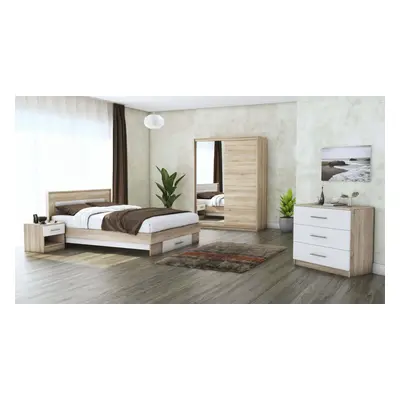 Set dormitor Beta, sonoma/alb, dulap 150 cm, pat 160x200 cm, 2 noptiere, comoda