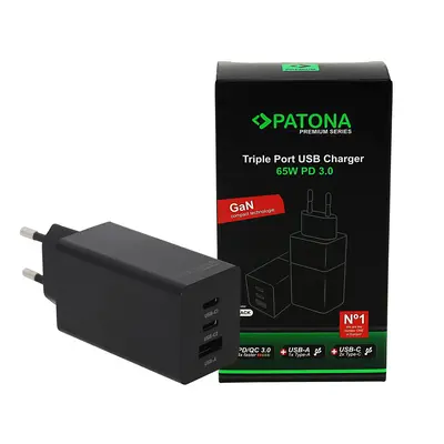 Incarcator Patona Premium GaN PD65W Adapter 2xUSB-C 1xUSB-A PD3.0 QC3.0 - 2640