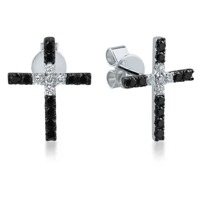 Cercei cruce din aur alb-negru cu diamante negre de 0.44ct si diamante transparente de 0.16ct