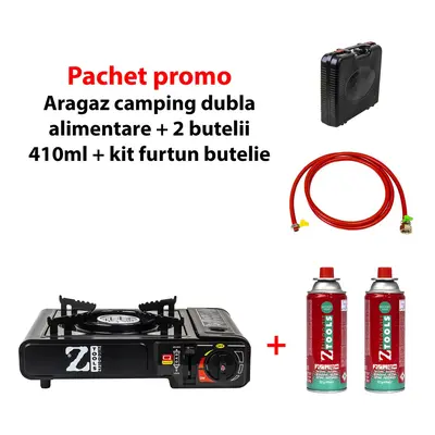 Pachet promo - Aragaz camping, aprindere automata, negru, dubla alimentare + 2 butelii 410ml + k