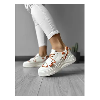 Adidasi dama casual cu talpa inalta, albi cu orange CL2333