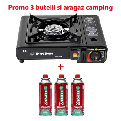 Pachet promo - Aragaz camping, aprindere automata, negru, AD-1 + 3 butelii 410ml / SET 30059