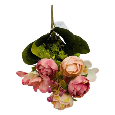 Buchet artificial deosebit cu 6 bujori, 10 flori de camelie si bulbi, un singur fir, 29cm,roz+cr