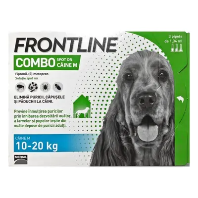 Frontline Combo M Pentru Caini cu Greutatea Intre 10 20 kg, cutie cu 3 pipete