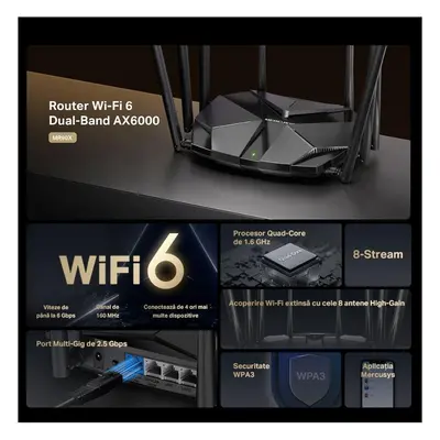 Mercusys MR90X Dual-Band WiFi 6 Router (AX6000), Standarde wireless: Wi-Fi 802.11ax/ac/a/b/g/n ,