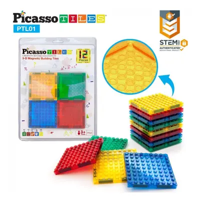 Picasso Tiles, Pachet Extensie 12 placi compatibile cuburi LEGO, +3 ani