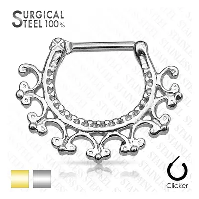 Piercing pentru sept, din oțel chirurgical - segment circular cu ornamente, închidere click - Cu