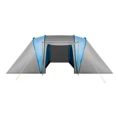 Cort camping, 4 persoane, cu plasa tantari, husa, albastru si gri, 400x140x210 cm, Isotrade