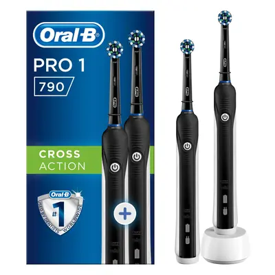 Set 2 periute de dinti electrice Oral-B Pro 1 790 Cross Action, 1 program, 2 capete, Negru