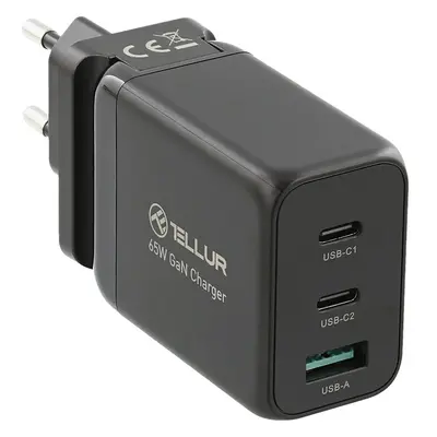 Incarcator retea Tellur TLL151451 GaN, 65W, 2 x USB-C + USB, EU/UK/US, Negru