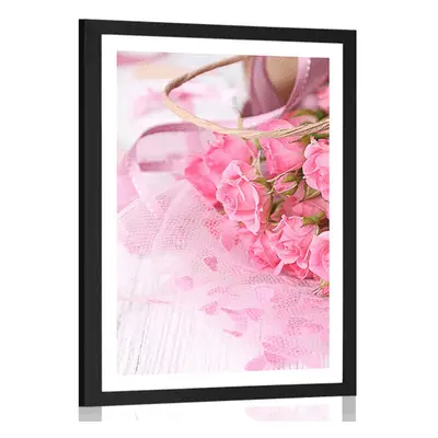 Poster cu passepartout buchet romantic de trandafiri roz