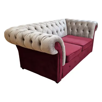 Canapea Fixa Chesterfield, 200x100x75cm, 2 locuri, Velutto 02 Beige & 07 Dark Red, Glasspandoor