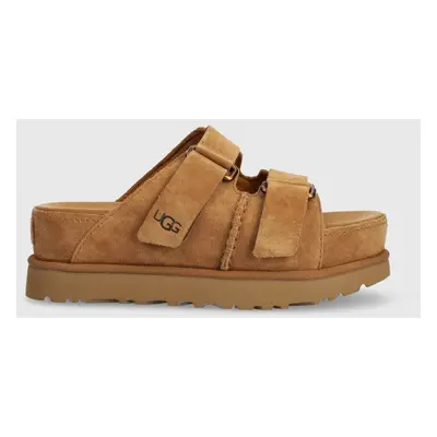 UGG papuci din piele Goldenstar Hi Slide femei, culoarea maro, cu platforma