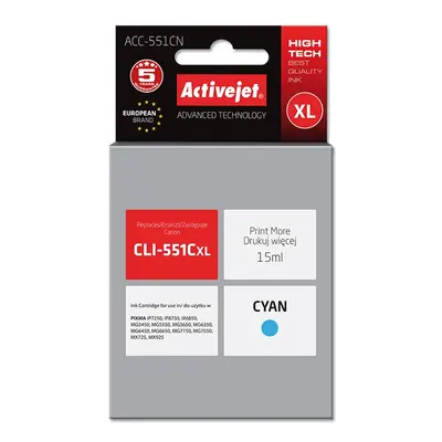 Cartus compatibil CLI-551C cyan pentru Canon, 15 ml, Premium Activejet, Garantie 5 ani