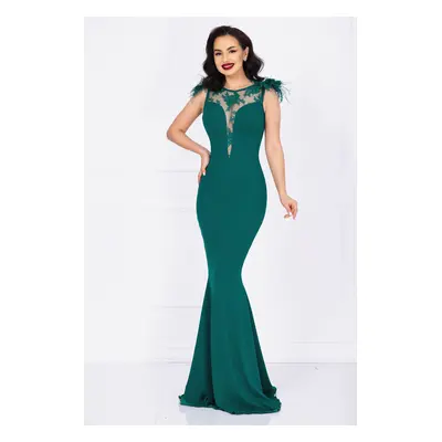 Rochie de lux Kathrin sirena verde cu flori 3D la umeri si fulgi