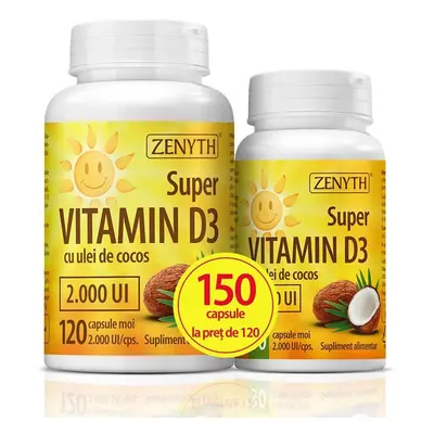 Pachet Super Vitamina D3 cu ulei de cocos 2000UI, 120 + 30 capsule, Zenyth