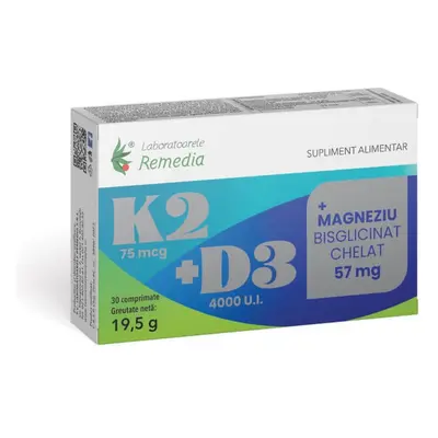 K2+D3+Magneziu bisglicinat chelat, 57 mg, 30 comprimate, Remedia