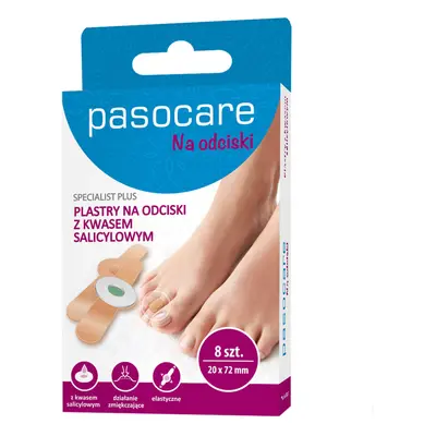 Pasocare Specialist Plus, plasturi pentru bătături, cu acid salicilic, 20 mm x 72 mm, 8 bucăți