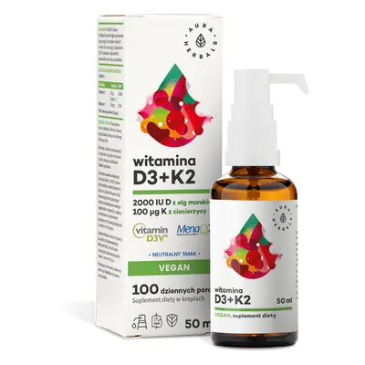 Aura Herbals Vitamina D3 2000 UI + K2 100 μg Vegan, picături, 50 ml