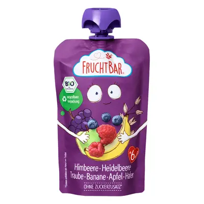 Fruchtbar Bio mousse de fructe cu boabe într-un tub, zmeură, afine, struguri, banane, mere, ovăz